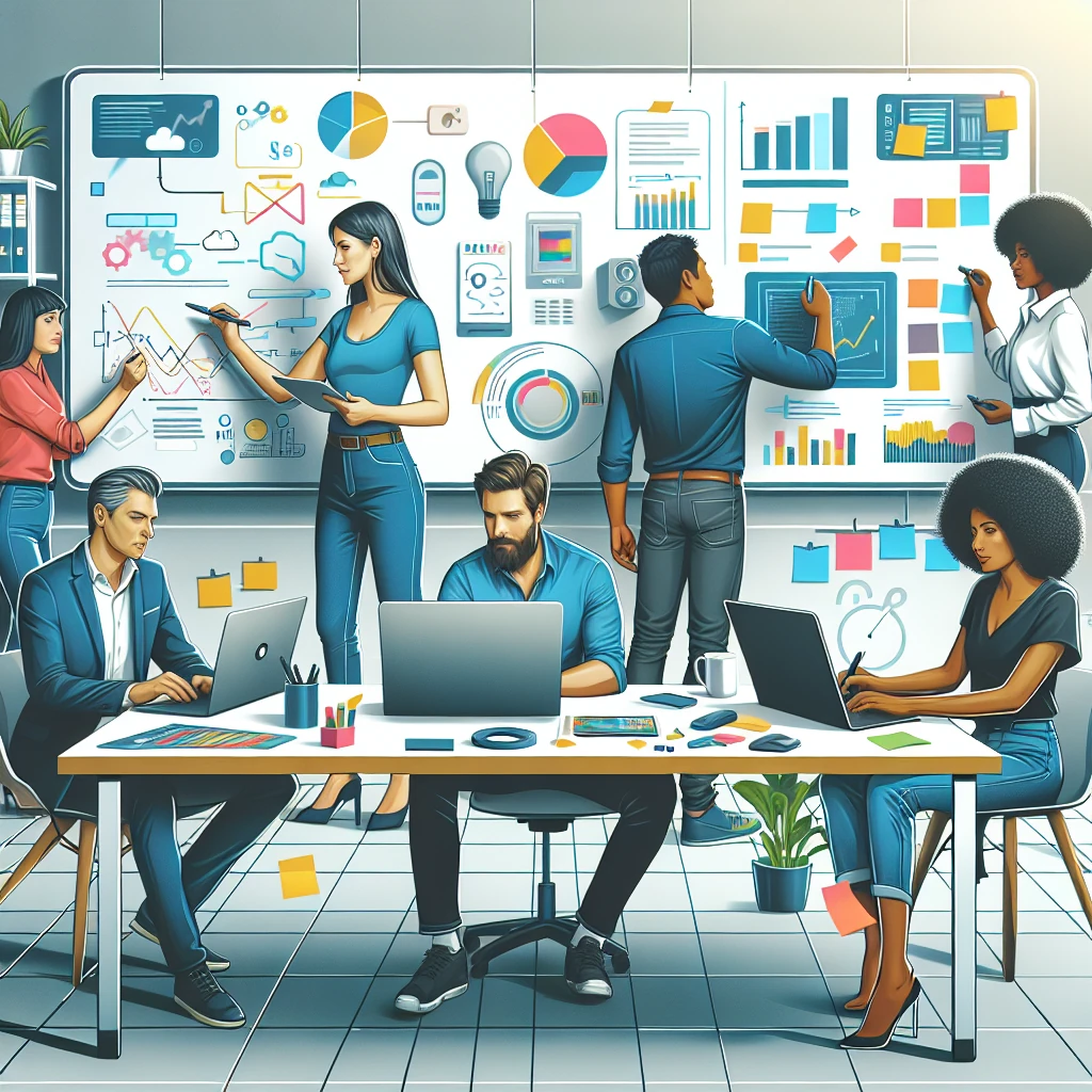 A dynamic team brainstorming or working on computers